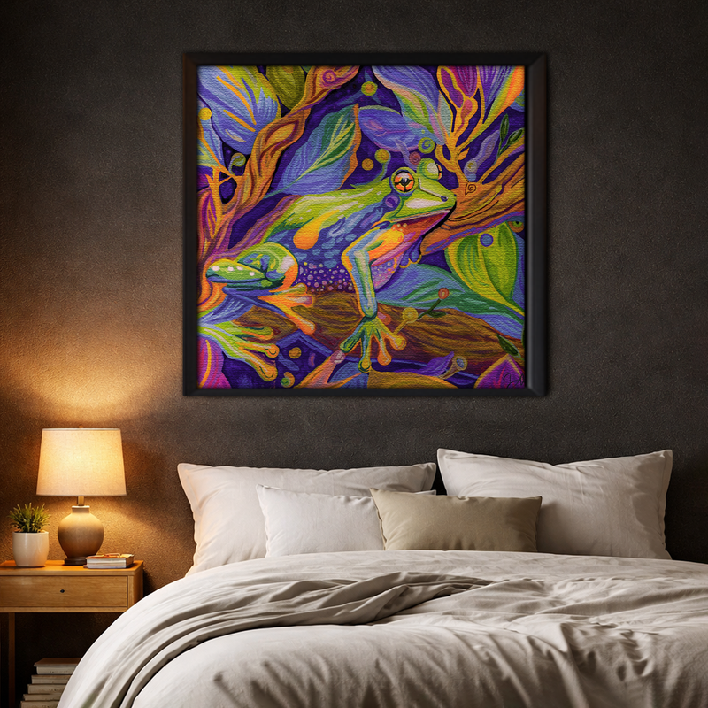 Jewel of the Rainforest framed canvas in dark bedroom - bold colorful wall art by Danielle Cowdrey - colorful art print by Danielle Cowdrey
