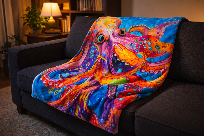 Neon Depths blanket draped on dark sofa in cozy living room - bold colorful art by Danielle Cowdrey - colorful art print by Danielle Cowdrey