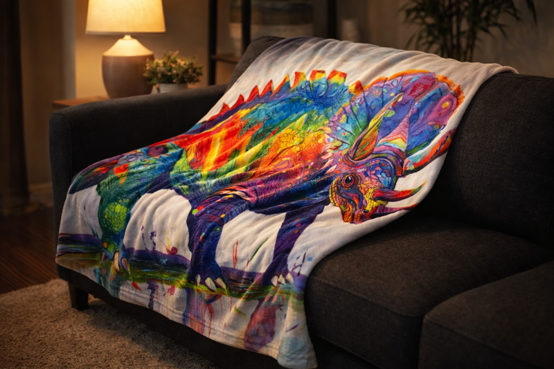 Quadceratops blanket draped on dark sofa in cozy living room - bold colorful art by Danielle Cowdrey - colorful art print by Danielle Cowdrey