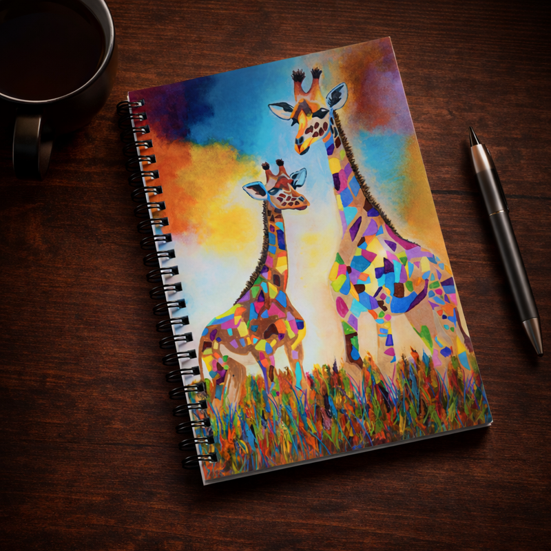 Rainbow Safari Spiral notebook mockup - colorful art print by Danielle Cowdrey