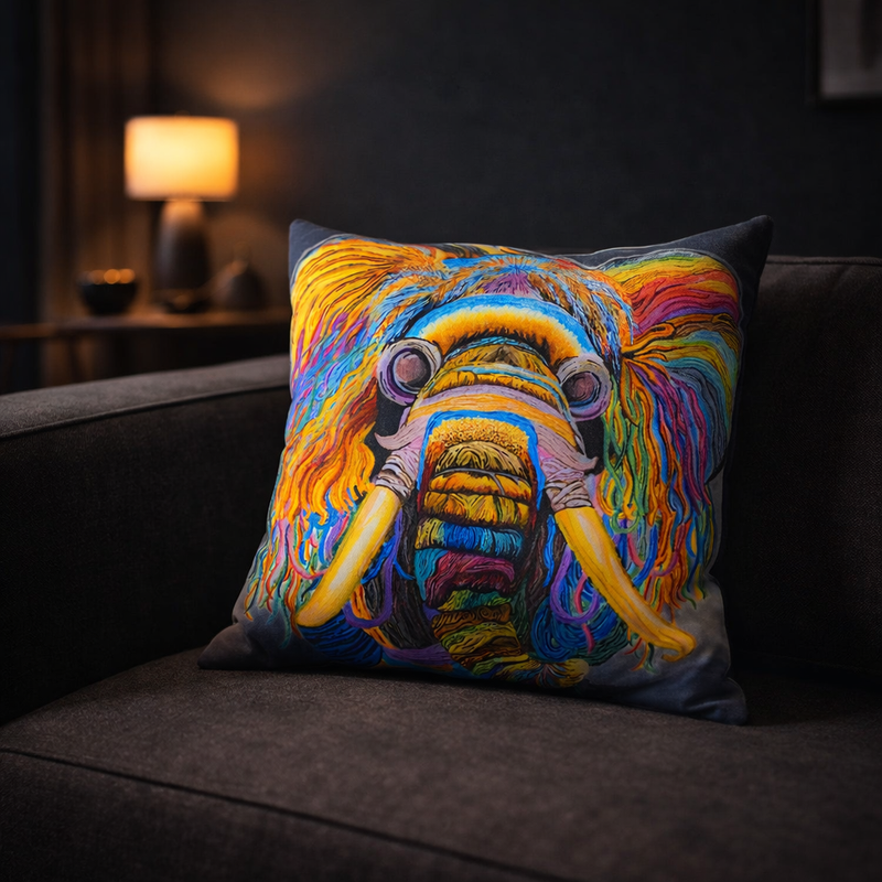 Wooly Mammoth pillow on dark sofa in modern living room - bold colorful art by Danielle Cowdrey - colorful art print by Danielle Cowdrey