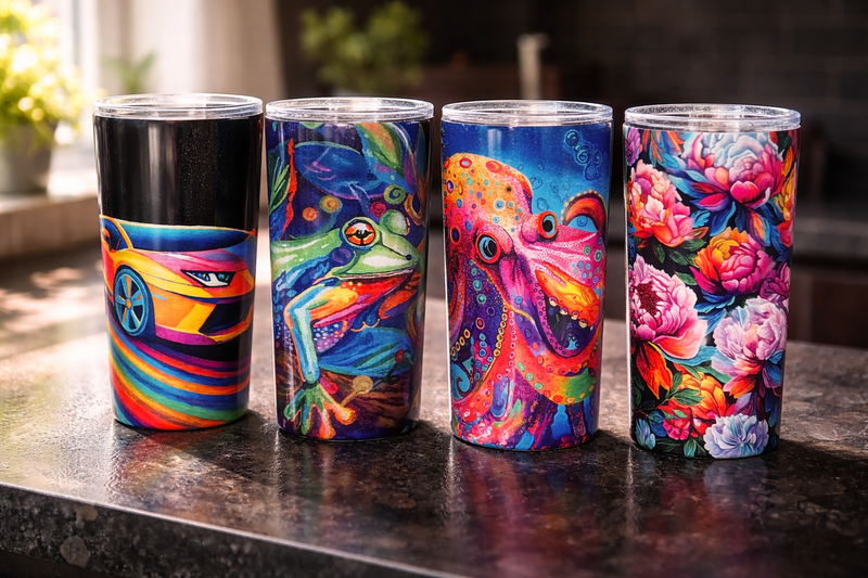 Bold colorful art stainless steel tumblers by Danielle Cowdrey