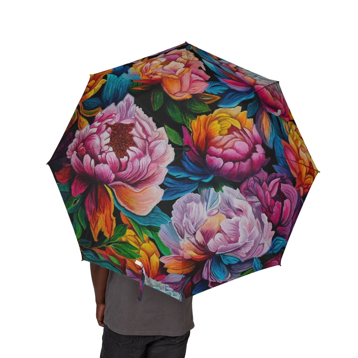 Neon Peonies Semi-Automatic Foldable Umbrella — Colorful Peony Print, Compact Travel Rain Umbrella