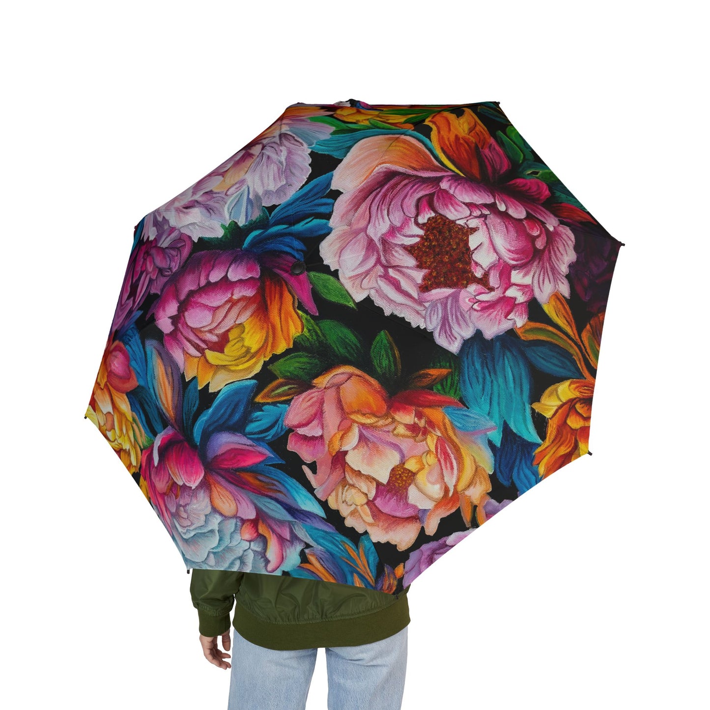 Neon Peonies Semi-Automatic Foldable Umbrella — Colorful Peony Print, Compact Travel Rain Umbrella
