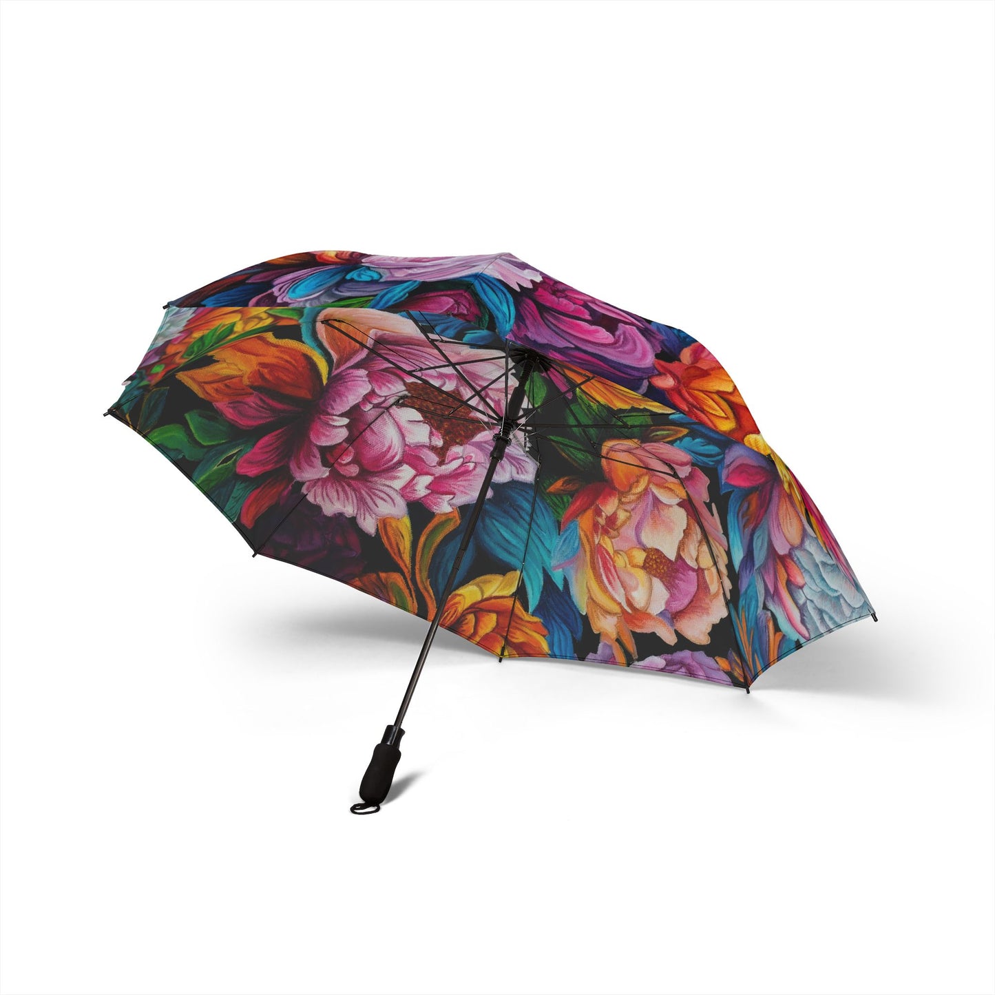 Neon Peonies Semi-Automatic Foldable Umbrella — Colorful Peony Print, Compact Travel Rain Umbrella