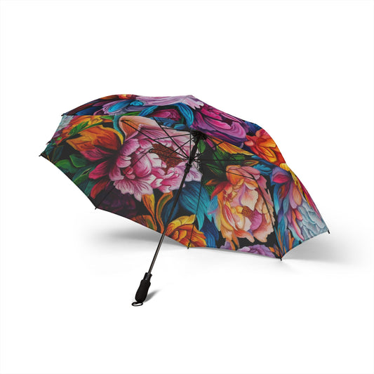 Neon Peonies Semi-Automatic Foldable Umbrella — Colorful Peony Print, Compact Travel Rain Umbrella