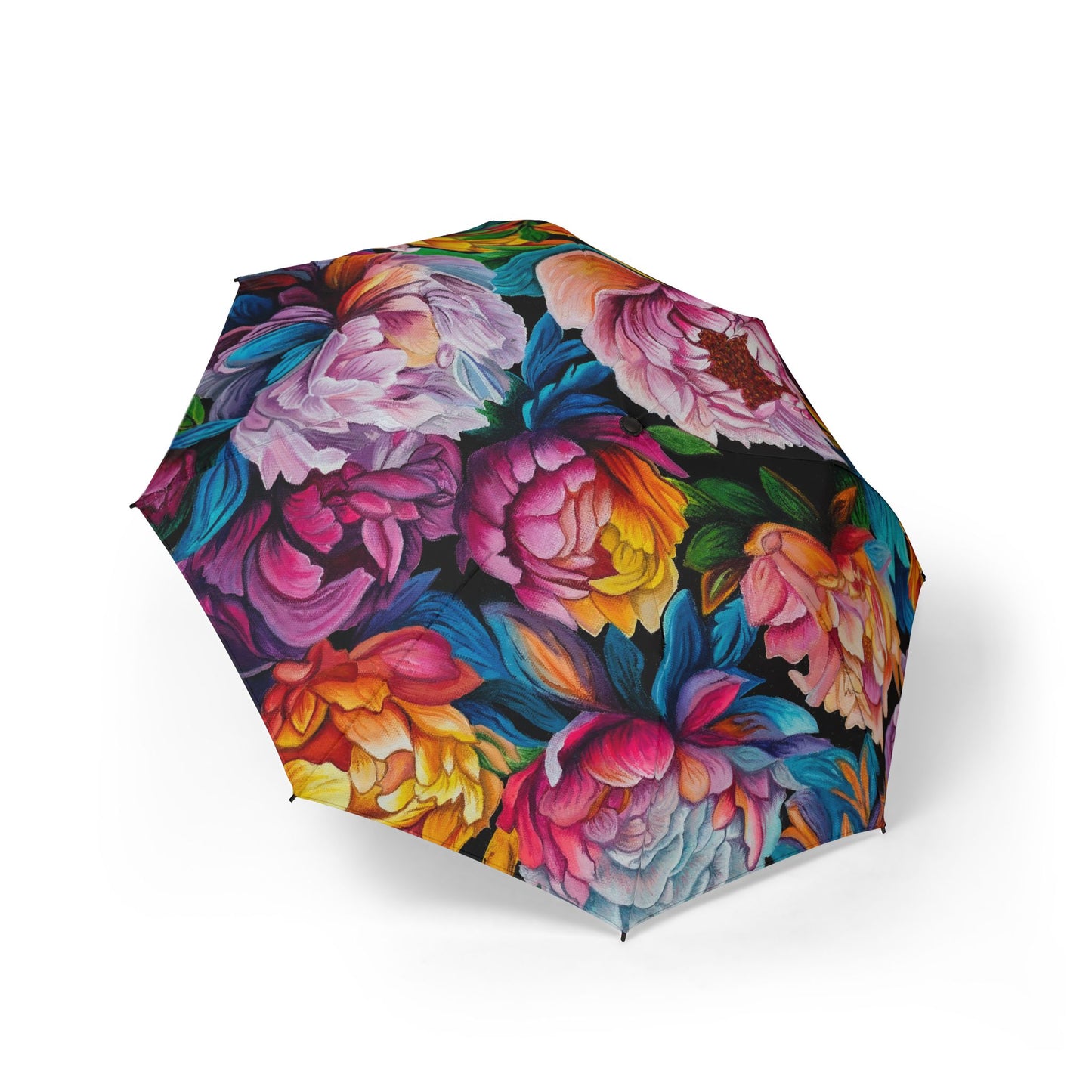Neon Peonies Semi-Automatic Foldable Umbrella — Colorful Peony Print, Compact Travel Rain Umbrella