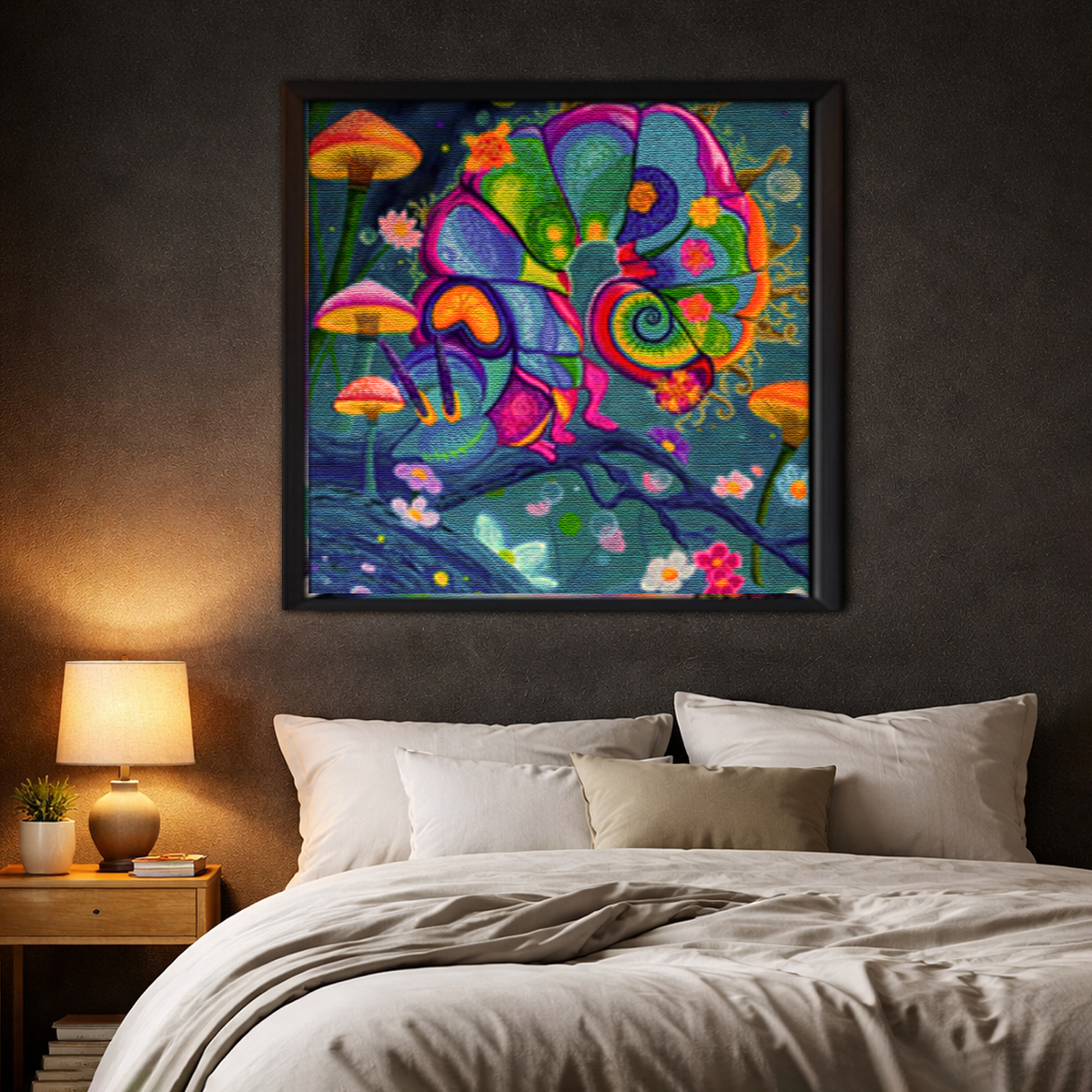 Absolem's Garden framed canvas in dark bedroom - bold colorful wall art by Danielle Cowdrey - colorful wall art print by Danielle Cowdrey