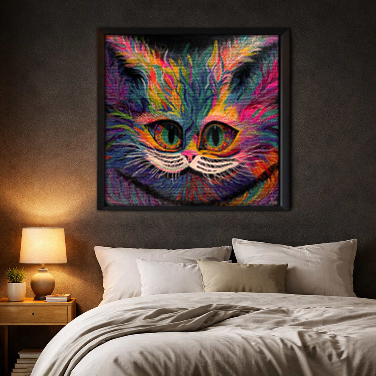 Cheshire Smile framed canvas in dark bedroom - bold colorful wall art by Danielle Cowdrey - colorful wall art print by Danielle Cowdrey