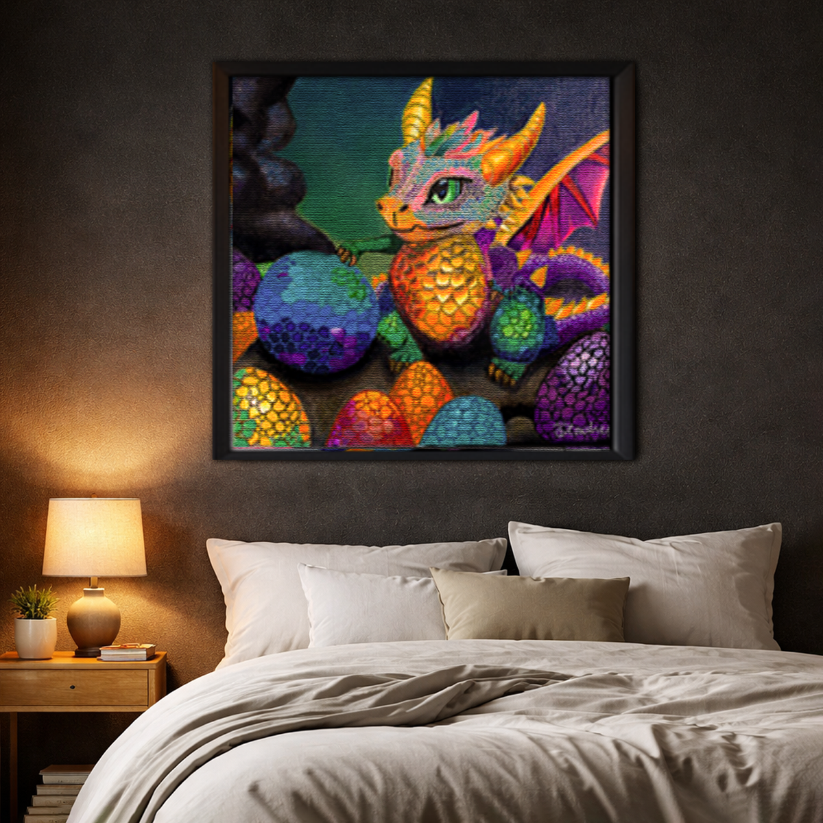 Dragon Mischief framed canvas in dark bedroom - bold colorful wall art by Danielle Cowdrey - colorful wall art print by Danielle Cowdrey