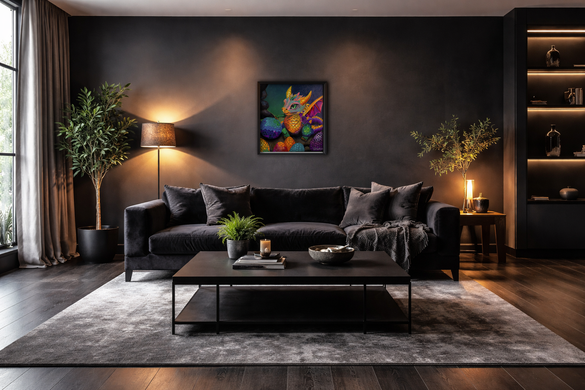 Dragon Mischief framed art print in dark living room - colorful wall art by Danielle Cowdrey - colorful wall art print by Danielle Cowdrey