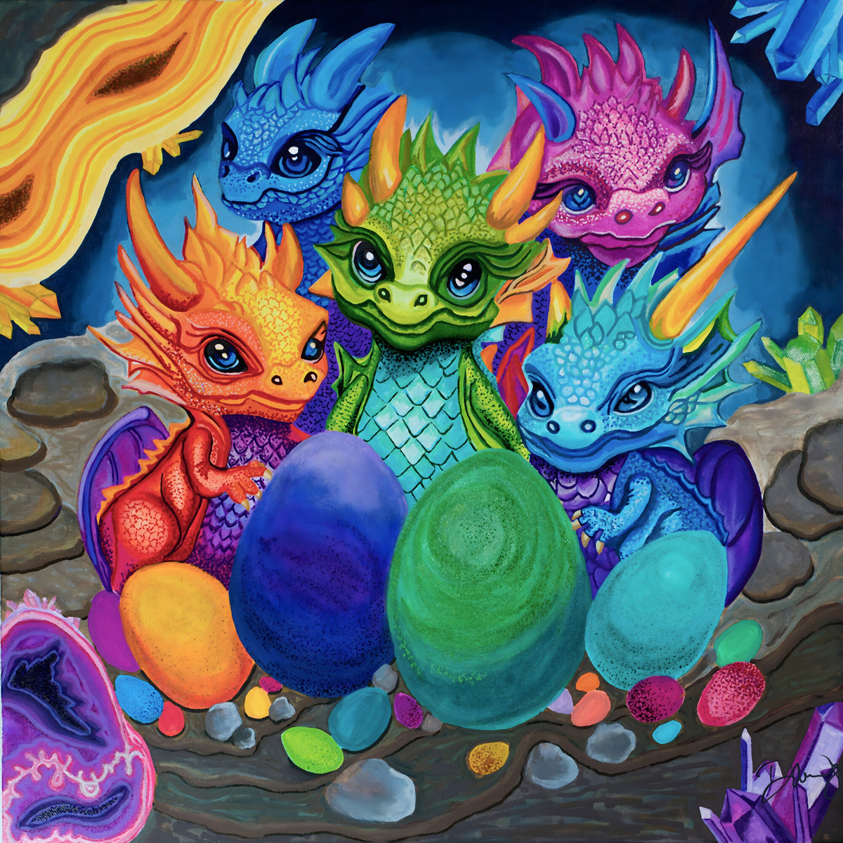 Gemstone Hatchling - colorful psychedelic art print by Danielle Cowdrey - colorful wall art print by Danielle Cowdrey