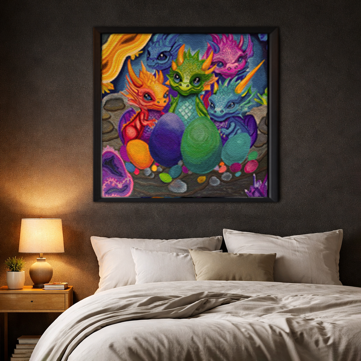 Gemstone Hatchling framed canvas in dark bedroom - bold colorful wall art by Danielle Cowdrey - colorful wall art print by Danielle Cowdrey
