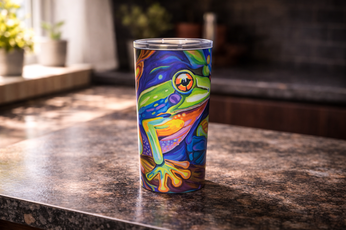 Jewel of the Rainforest stainless steel tumbler on kitchen counter - bold colorful drinkware by Danielle Cowdrey - colorful wall art print by Danielle Cowdrey