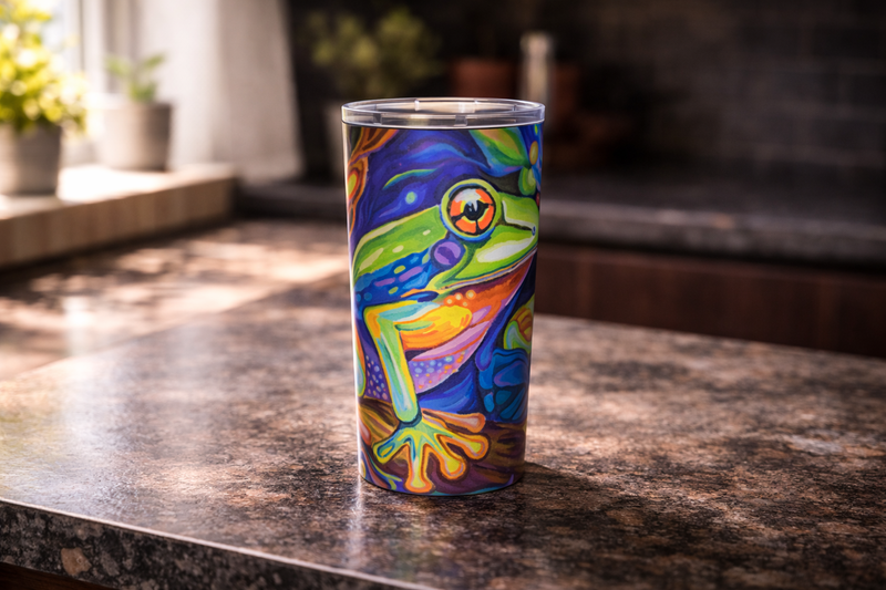 Jewel of the Rainforest stainless steel tumbler on kitchen counter - bold colorful drinkware by Danielle Cowdrey - colorful art print by Danielle Cowdrey