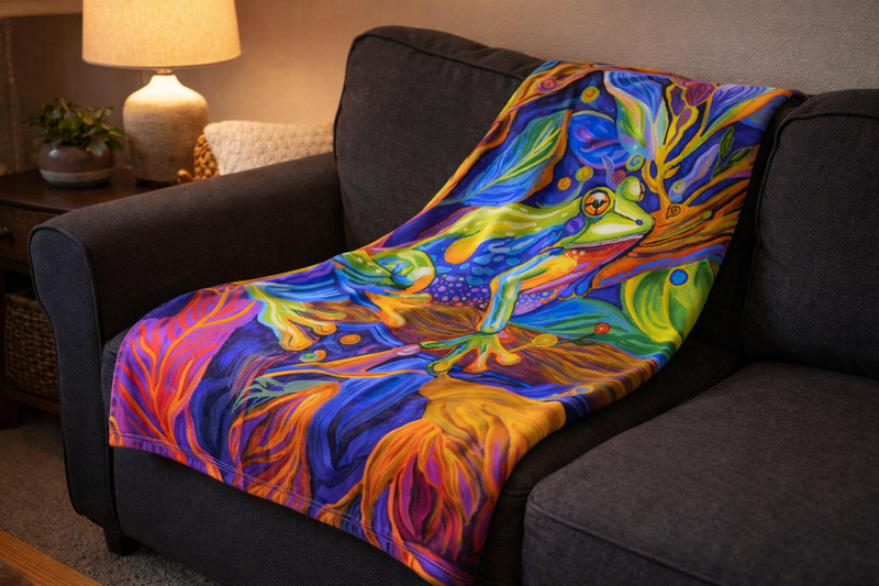 Jewel of the Rainforest blanket draped on dark sofa - bold colorful art by Danielle Cowdrey - colorful art print by Danielle Cowdrey