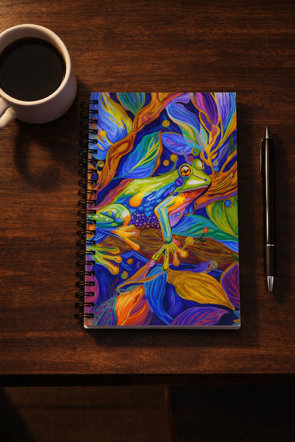 Jewel of the Rainforest Spiral notebook mockup - colorful wall art print by Danielle Cowdrey