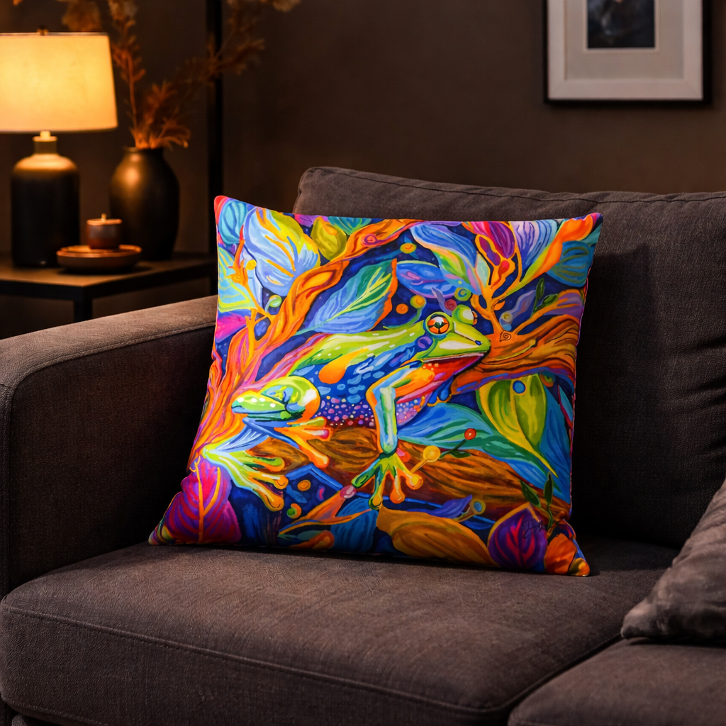Jewel of the Rainforest pillow on dark sofa in modern living room - bold colorful art by Danielle Cowdrey - colorful wall art print by Danielle Cowdrey