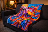 Neon Depths blanket draped on dark sofa in cozy living room - bold colorful art by Danielle Cowdrey - bold art print by Danielle Cowdrey