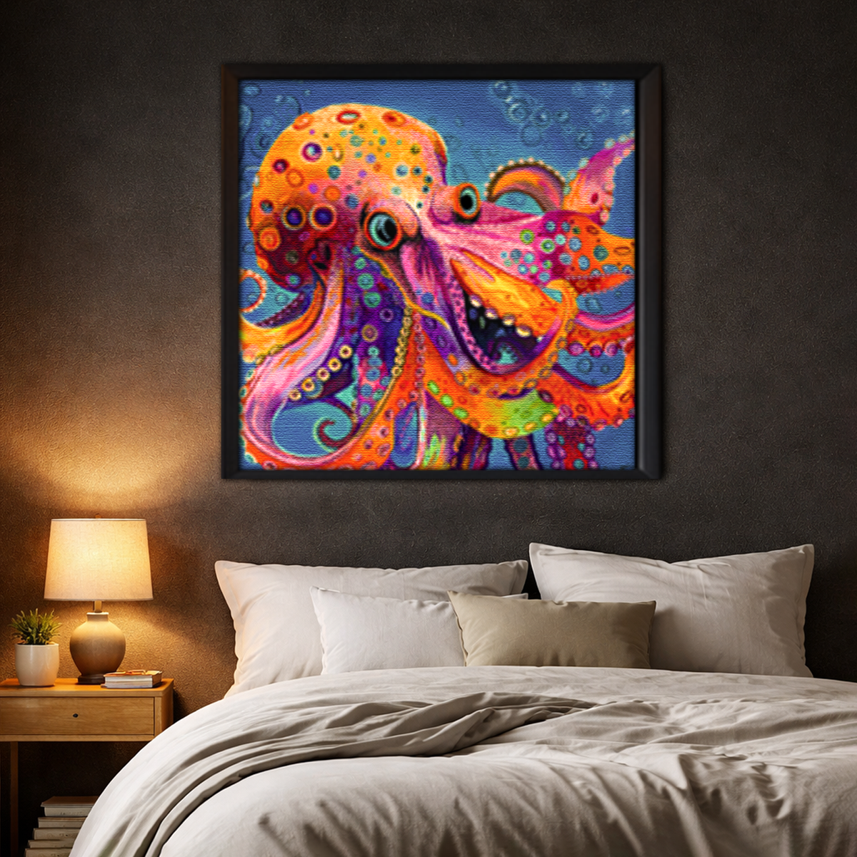 Neon Depths framed canvas in dark bedroom - bold colorful wall art by Danielle Cowdrey - colorful wall art print by Danielle Cowdrey