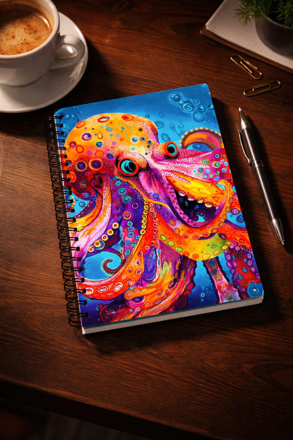 Neon Depths Spiral Notebook mockup - colorful wall art print by Danielle Cowdrey