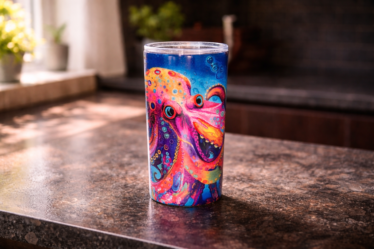 Neon Depths stainless steel tumbler on kitchen counter - bold colorful drinkware by Danielle Cowdrey - colorful wall art print by Danielle Cowdrey