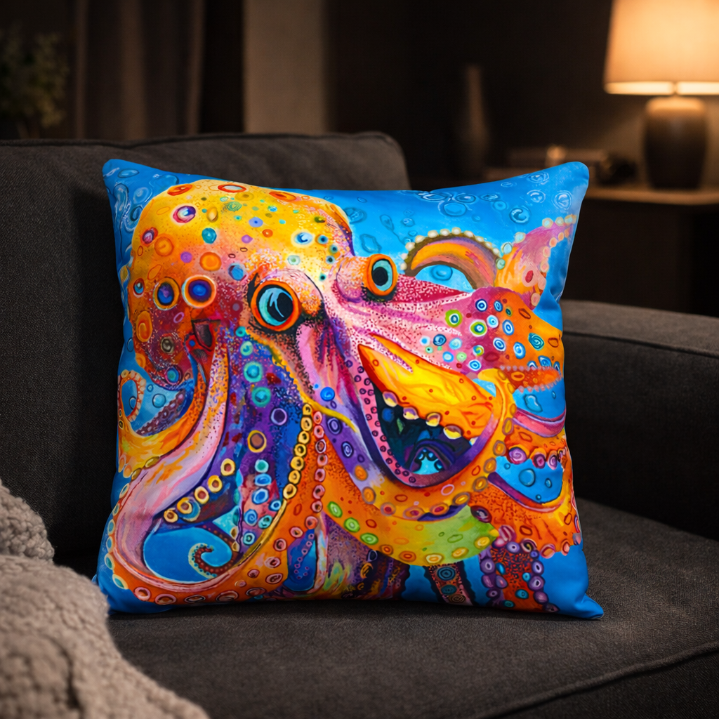 Neon Depths pillow on dark sofa in modern living room - bold colorful art by Danielle Cowdrey - colorful wall art print by Danielle Cowdrey