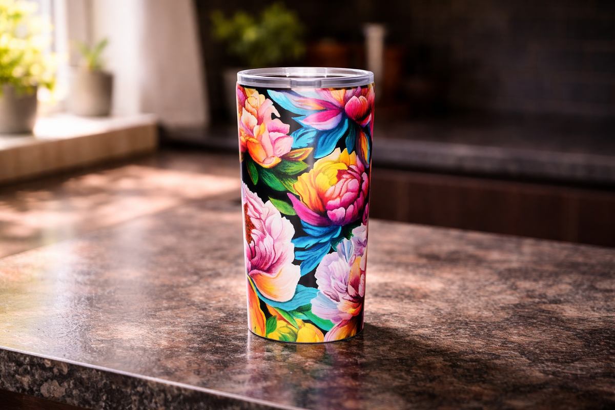 Neon Peonies stainless steel tumbler on kitchen counter - bold colorful drinkware by Danielle Cowdrey - colorful wall art print by Danielle Cowdrey