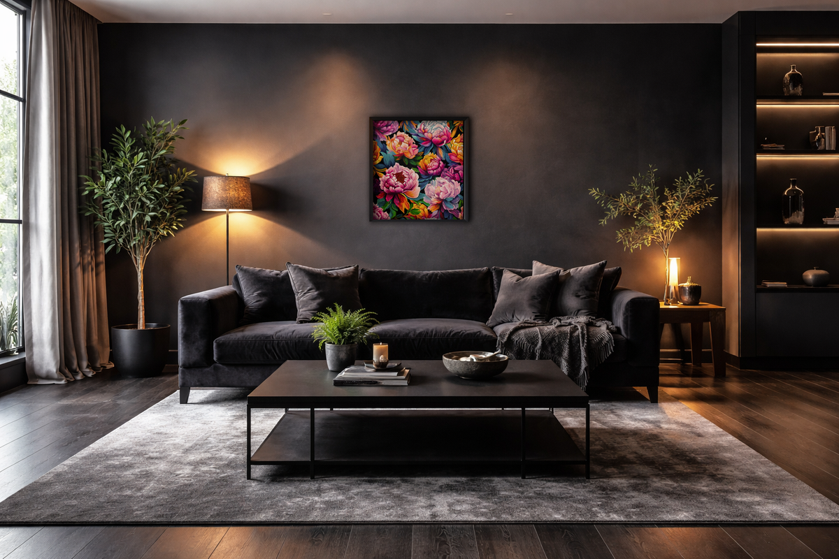 Neon Peonies framed art print in dark living room - colorful wall art by Danielle Cowdrey - colorful wall art print by Danielle Cowdrey
