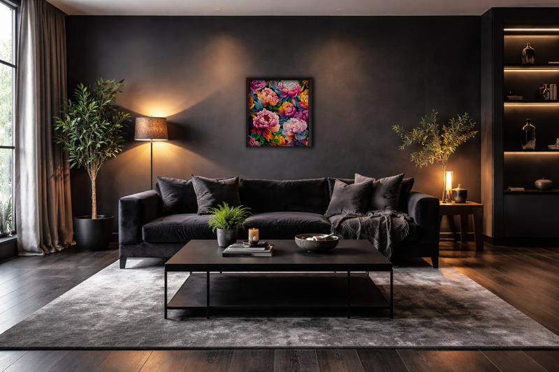 Neon Peonies framed art print in dark living room - colorful wall art by Danielle Cowdrey - colorful art print by Danielle Cowdrey