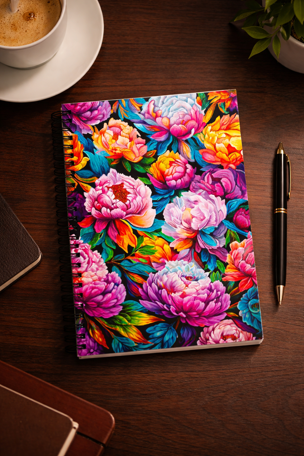 Neon Peonies Spiral Notebook mockup - colorful wall art print by Danielle Cowdrey