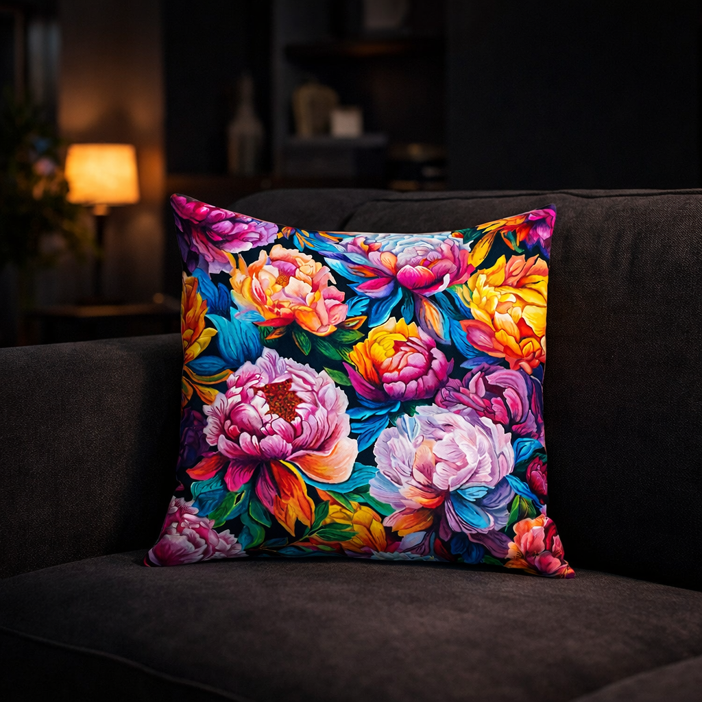 Neon Peonies pillow on dark sofa in modern living room - bold colorful art by Danielle Cowdrey - colorful wall art print by Danielle Cowdrey