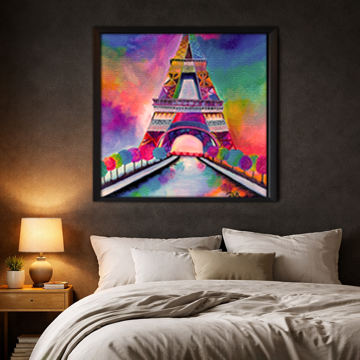 Parisian Prism framed canvas in dark bedroom - bold colorful wall art by Danielle Cowdrey - colorful wall art print by Danielle Cowdrey