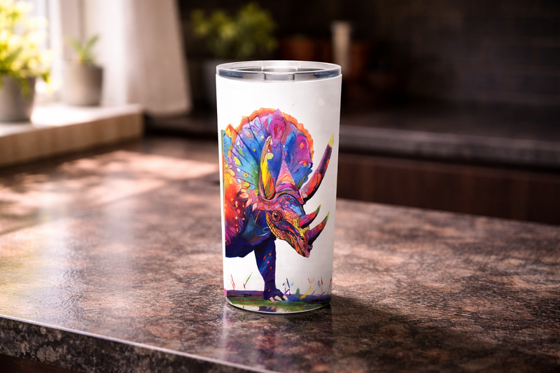 Quadceratops stainless steel tumbler on kitchen counter - bold colorful drinkware by Danielle Cowdrey - colorful art print by Danielle Cowdrey