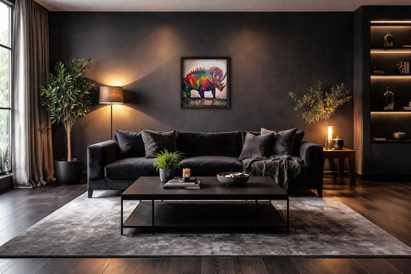 Quadceratops framed art print in dark living room - colorful wall art by Danielle Cowdrey - colorful art print by Danielle Cowdrey