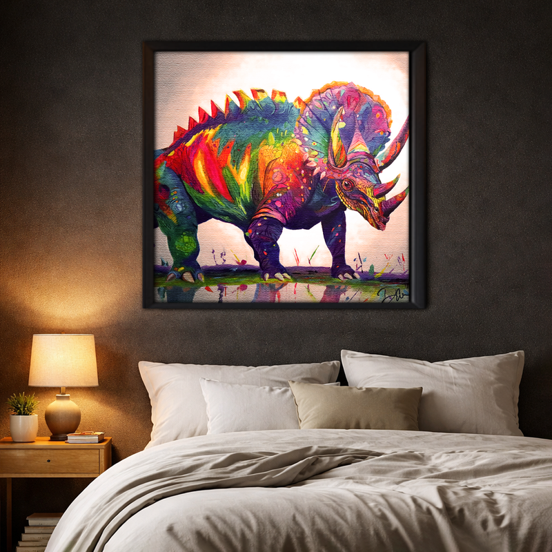 Quadceratops framed canvas in dark bedroom - bold colorful wall art by Danielle Cowdrey - colorful art print by Danielle Cowdrey
