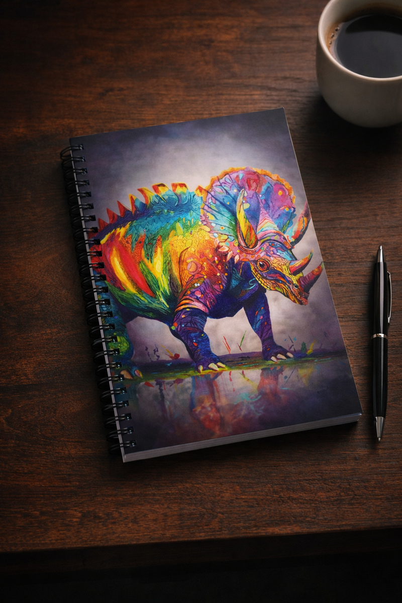 Quadceratops Spiral Notebook mockup - colorful art print by Danielle Cowdrey