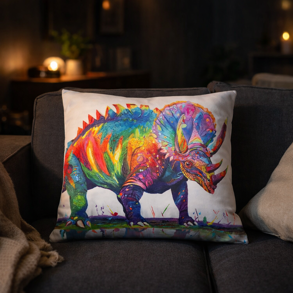 Quadceratops pillow on dark sofa in modern living room - bold colorful art by Danielle Cowdrey - colorful wall art print by Danielle Cowdrey