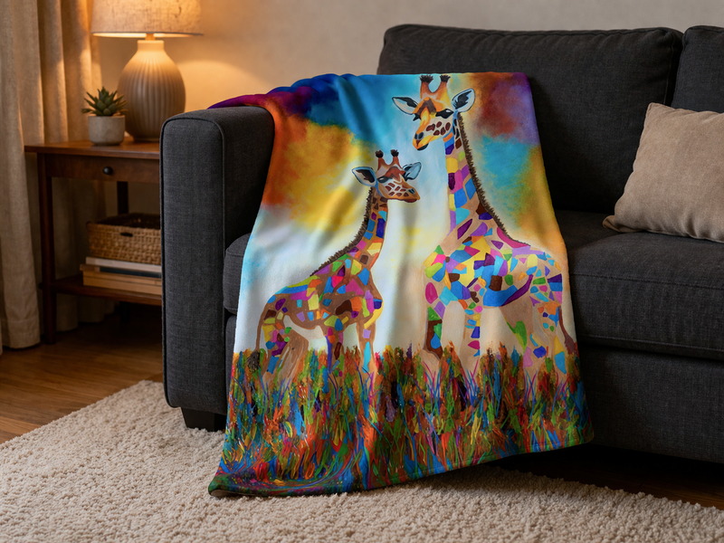 Rainbow Safari blanket draped on dark sofa in cozy living room - bold colorful art by Danielle Cowdrey - colorful art print by Danielle Cowdrey