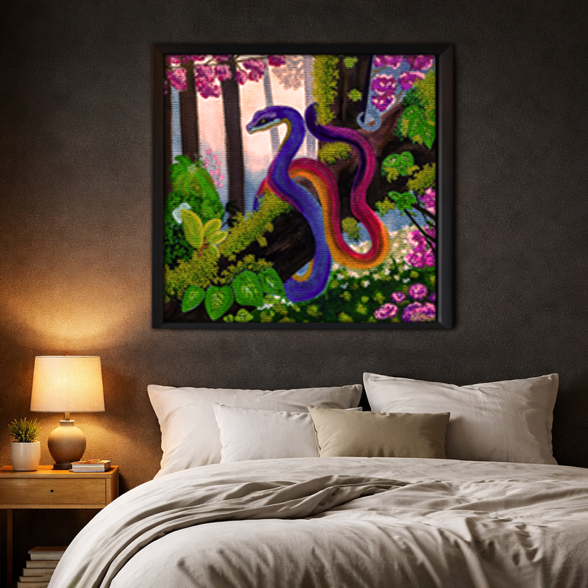 Serpent Queen framed canvas in dark bedroom - bold colorful wall art by Danielle Cowdrey - colorful wall art print by Danielle Cowdrey