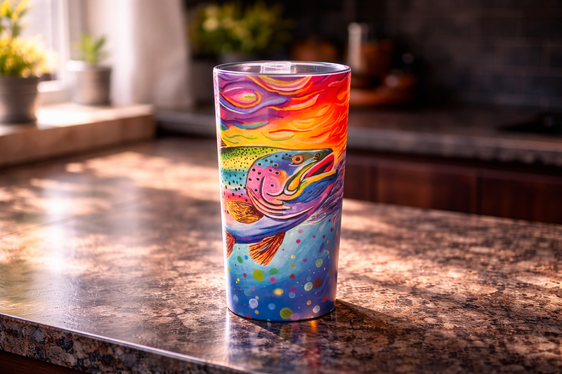 Taste the Rainbow stainless steel tumbler on kitchen counter - bold colorful drinkware by Danielle Cowdrey - colorful art print by Danielle Cowdrey