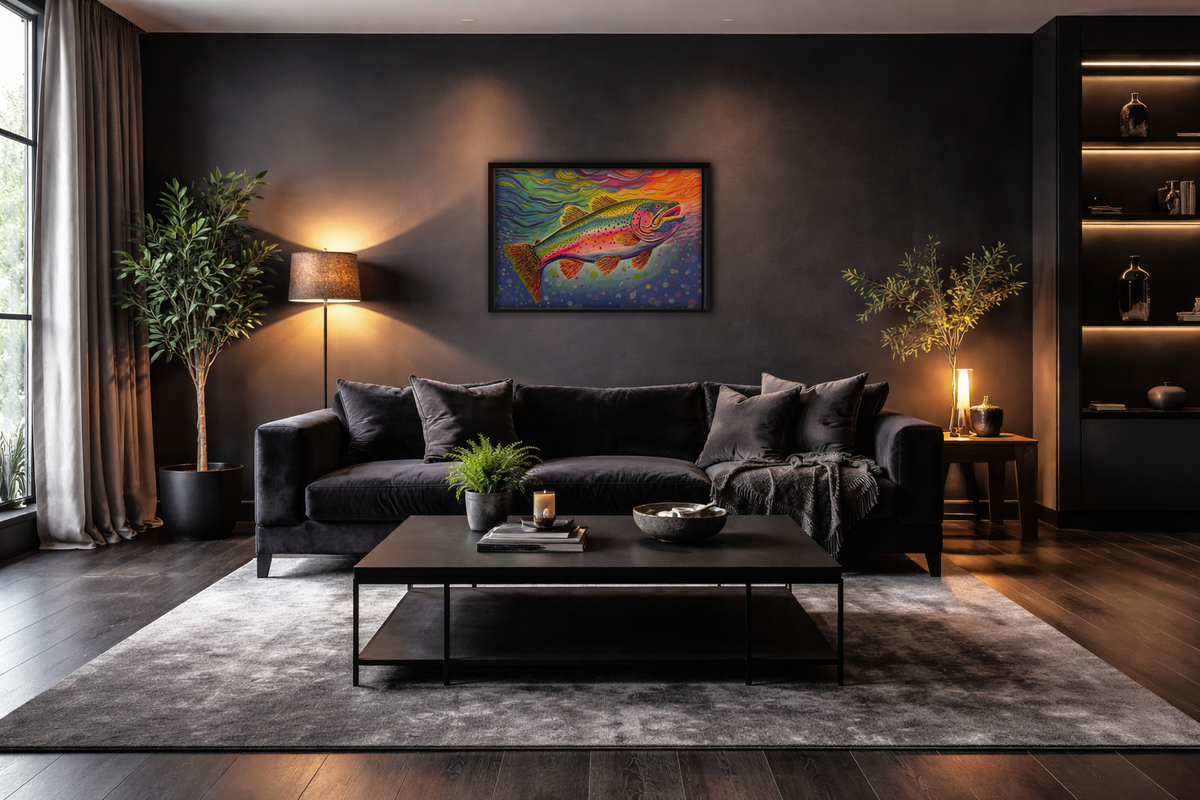 Taste The Rainbow framed art print in dark living room - colorful wall art by Danielle Cowdrey - colorful wall art print by Danielle Cowdrey