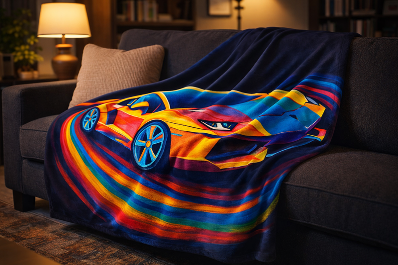 Turbo Mirage blanket draped on dark sofa in cozy living room - bold colorful art by Danielle Cowdrey - colorful art print by Danielle Cowdrey
