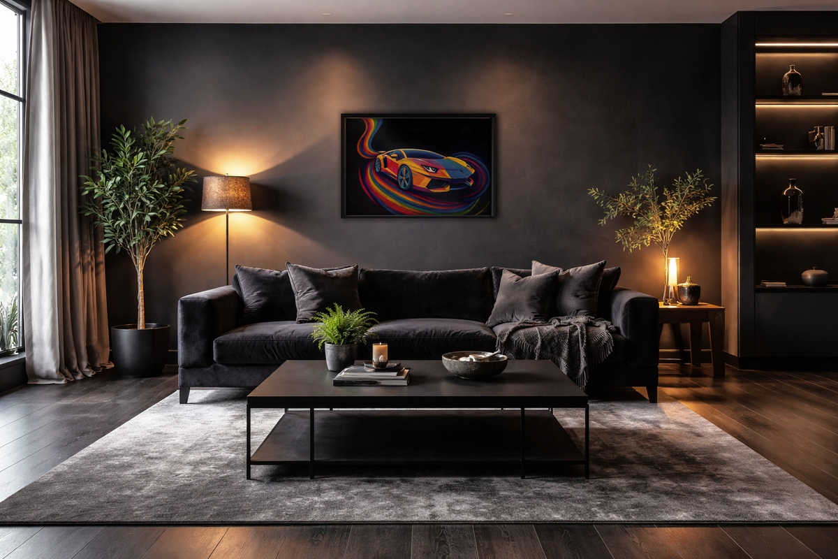Turbo Mirage framed art print in dark living room - colorful wall art by Danielle Cowdrey - colorful wall art print by Danielle Cowdrey