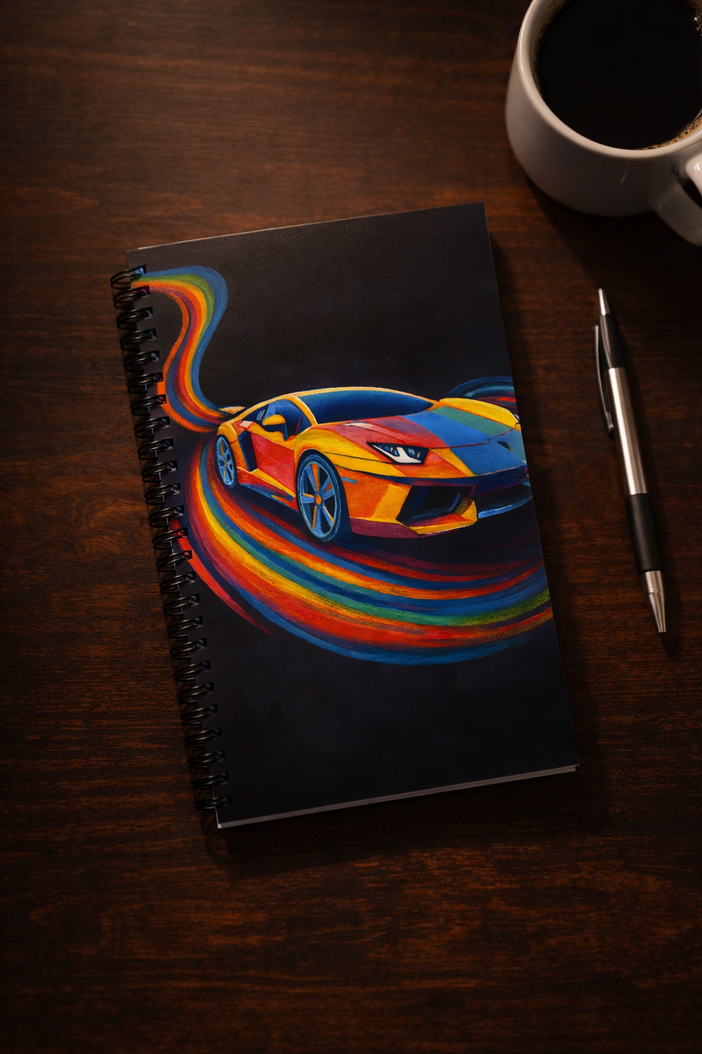 Turbo Mirage Spiral Notebook mockup - colorful wall art print by Danielle Cowdrey