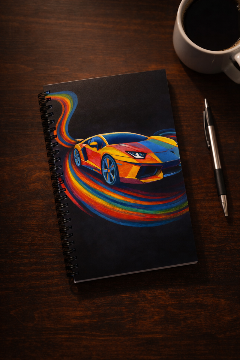 Turbo Mirage Spiral Notebook mockup - colorful art print by Danielle Cowdrey