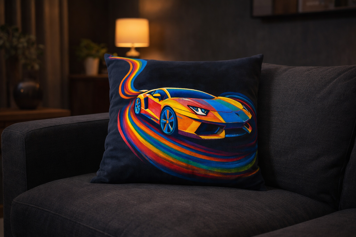 Turbo Mirage throw pillow on dark sofa in modern living room - bold colorful art by Danielle Cowdrey - colorful wall art print by Danielle Cowdrey