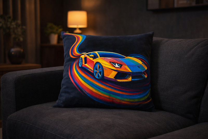 Turbo Mirage throw pillow on dark sofa in modern living room - bold colorful art by Danielle Cowdrey - colorful art print by Danielle Cowdrey