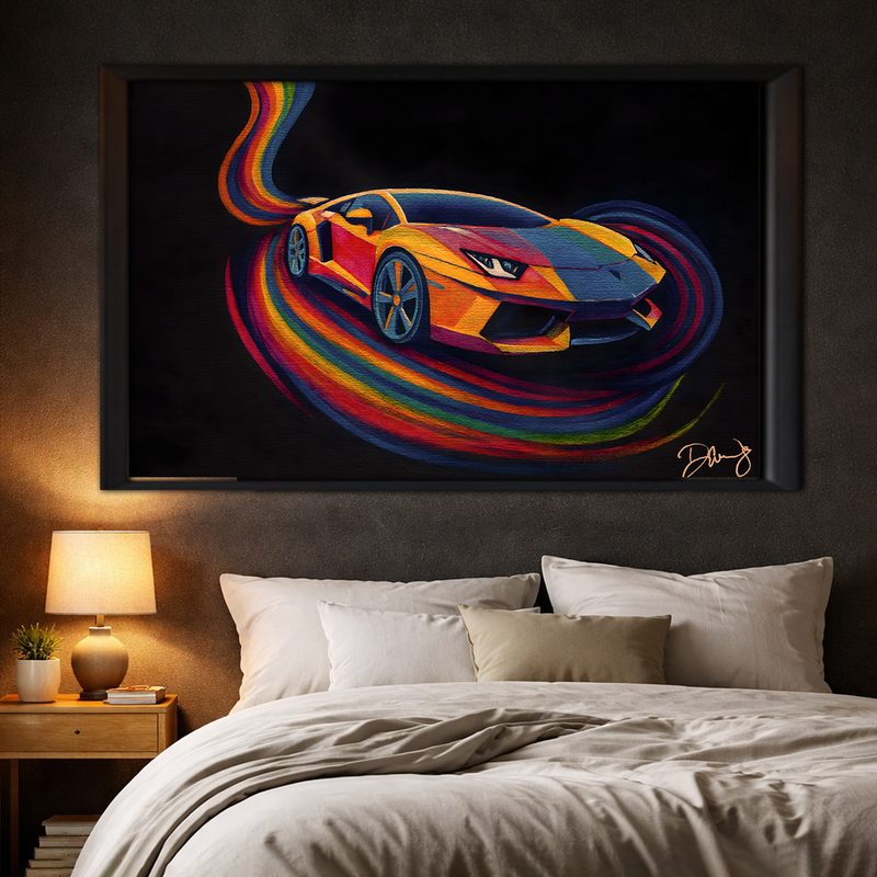 Turbo Mirage framed canvas in dark bedroom - bold colorful wall art by Danielle Cowdrey - colorful art print by Danielle Cowdrey