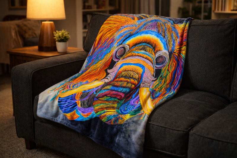 Wooly Mammoth blanket draped on dark sofa in cozy living room - bold colorful art by Danielle Cowdrey - colorful art print by Danielle Cowdrey
